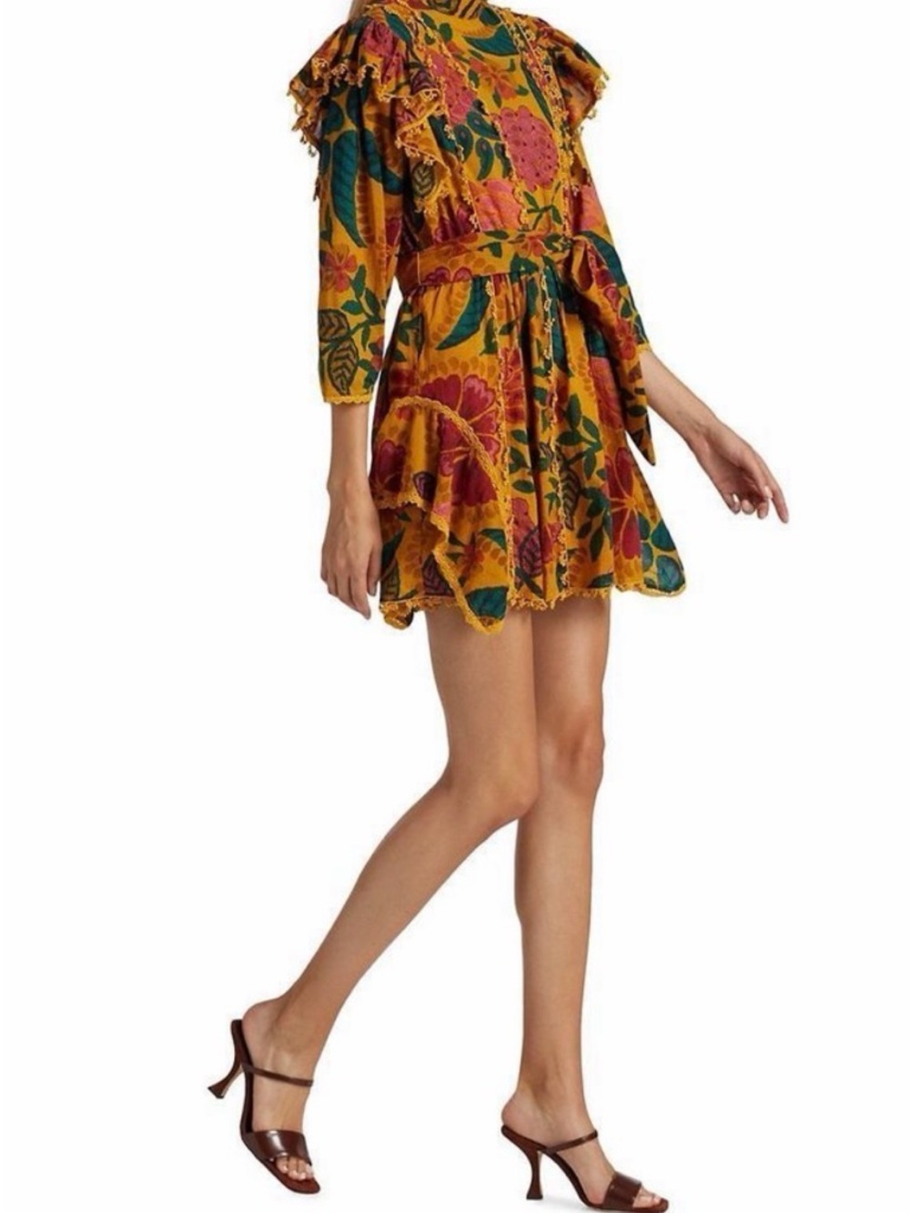 Farm Rio Yellow Pink Ruffle Wrap Mini Dress - Picture 5 of 7